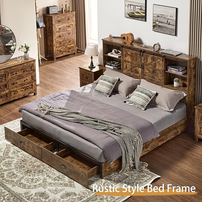 Full Size Bed Frame, Wooden Platform Storage Bed with 51.2" Bookcase Headboard, 2 Drawers, Charging Station/No Box Spring Needed/Noise Free(Rustic Brown)