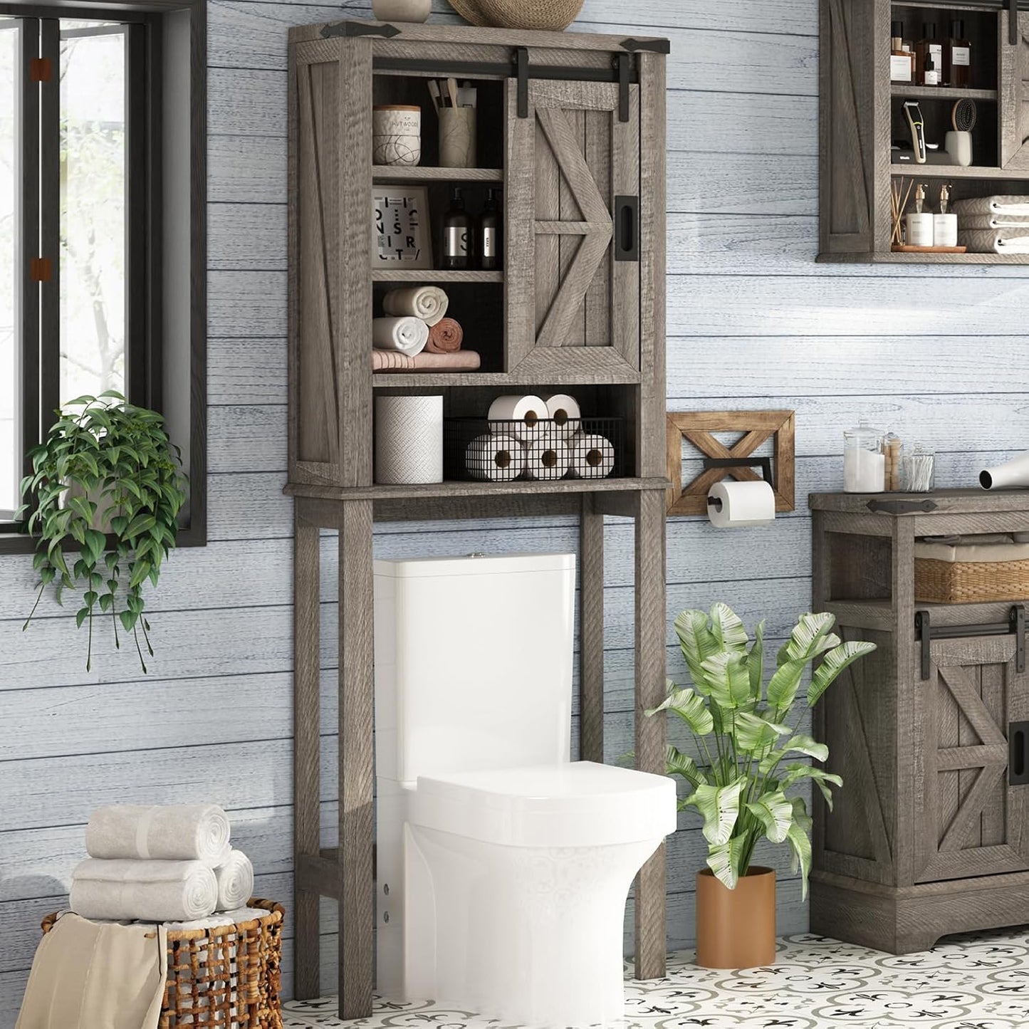 Over Toilet Storage Cabinet, 68" H Farmhouse Over Toilet Shelf with Sliding Barn Door& 3 Adjustable Shelves, Towel Storage for Bathroom