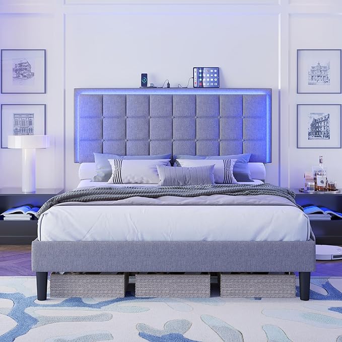 Full Size Button Tufted Platform Bed Frame with LED Lights, Upholstered Bed Frame with Charging Station, Wood Slat Support, Mattress Foundation, Light Grey