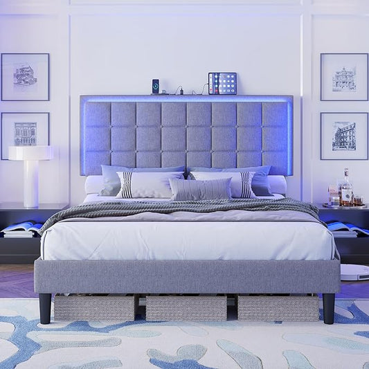 Full Size Button Tufted Platform Bed Frame with LED Lights, Upholstered Bed Frame with Charging Station, Wood Slat Support, Mattress Foundation, Light Grey