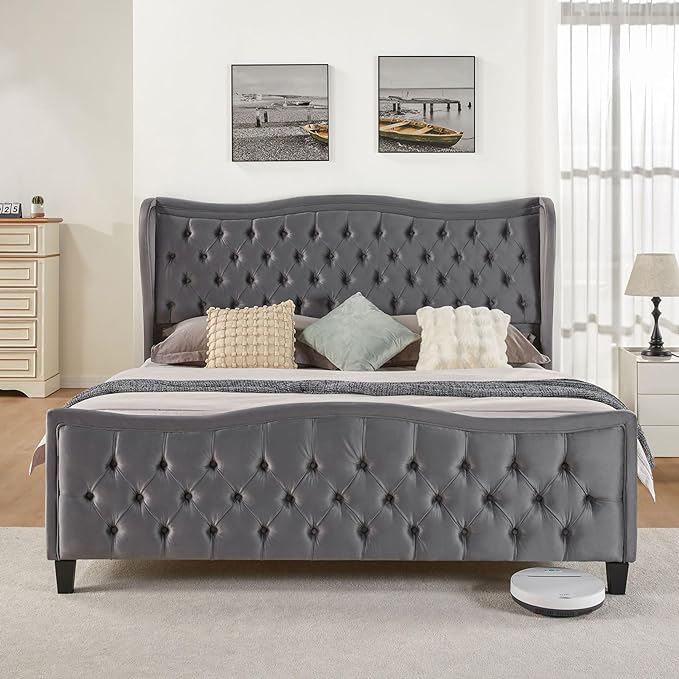 Queen Size Platform Bed Frame, Wavy Velvet Wingback Upholstered Bed with Handmade Deep Button Tufted 52.9" High Headboard & Footboard/No Box Spring Needed/Grey