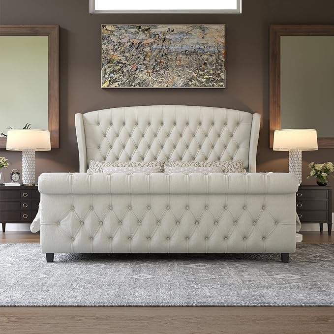 Queen Size Platform Bed Frame, Chenille Upholstered Sleigh Bed with Scroll Wingback Headboard & Footboard/Button Tufted/No Box Spring Required/Cream