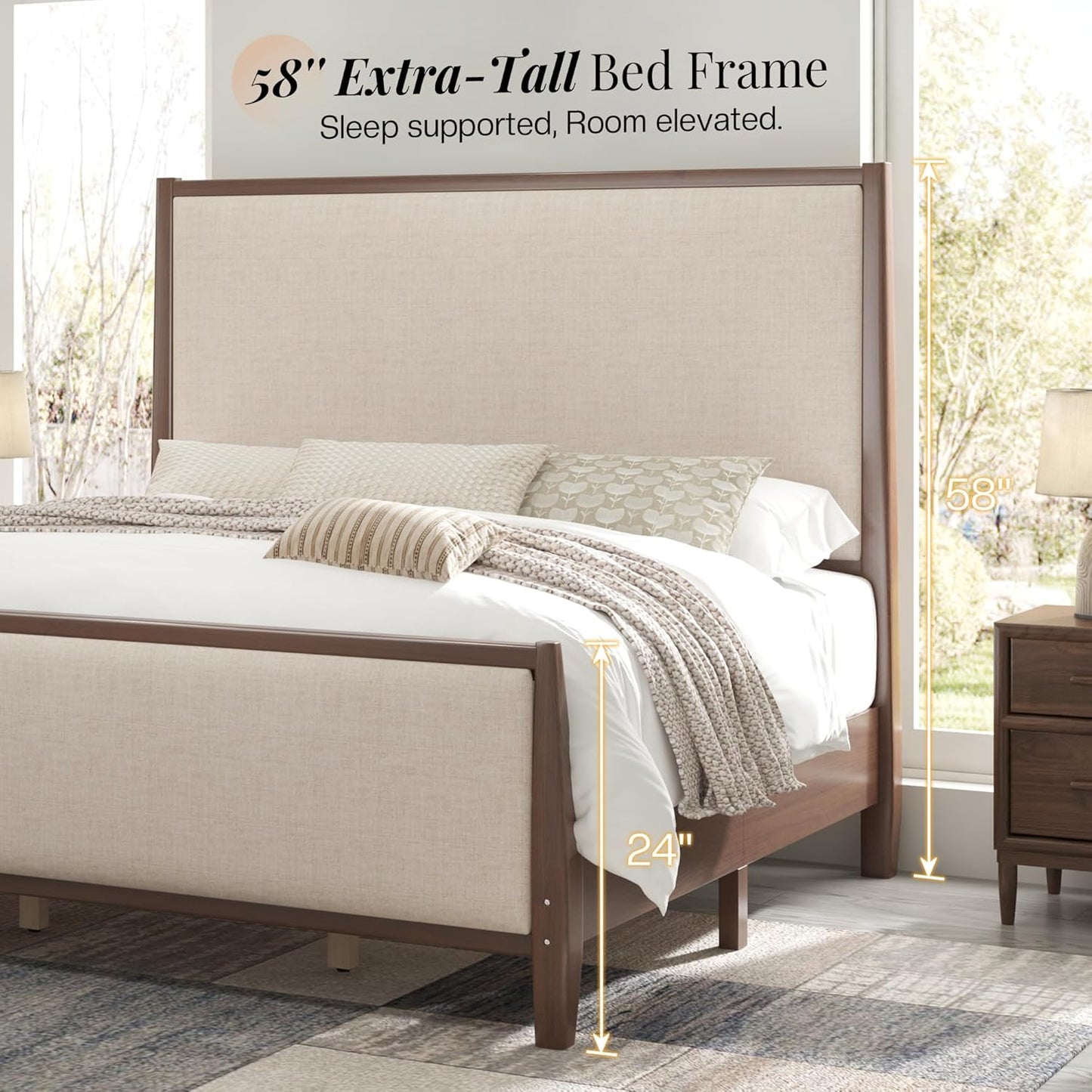 Jocisland 58" Tall Solid Wood Bed Frame with Upholstered Headboard & Footboard, Wooden Platform Bedframe, No Box Spring Needed, Easy Assembly, Modern Farmhouse Style