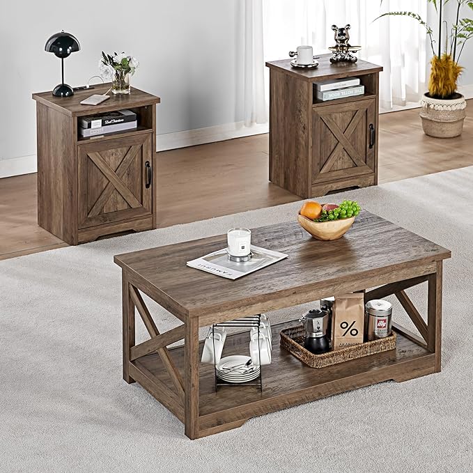 3-Piece Farmhouse Table Set Includes Coffee Table& Two End Tables, Side Table with Charging Station and USB Ports, for Living Room, Bedroom, Distressed White