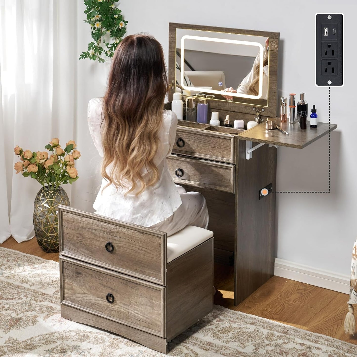 Makeup Vanity Set with Fold-up Panel,Farmhouse Table with Lights and Charging Station,White