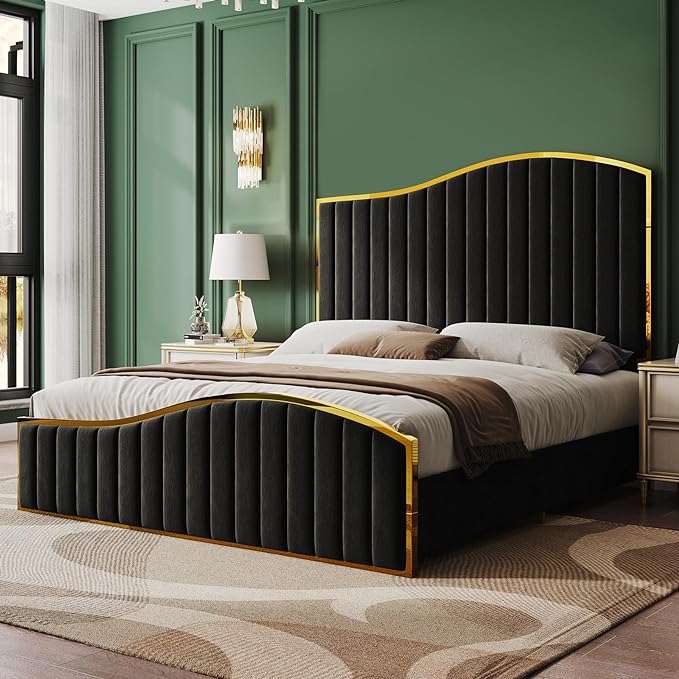 Queen Size Bed Frame, 61.4" High Headboard Platform Bed Velvet Upholstered with Gold Trim & Footboard/Wooden Slats/No Box Spring Required/Grey