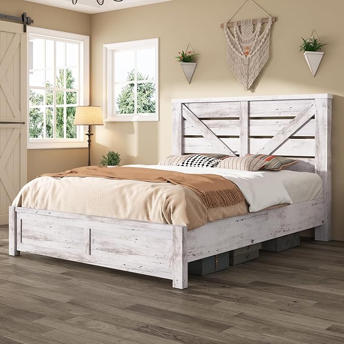 Queen Size Farmhouse Bed Frame with 49.2" Barn Door Headboard, Platform Bed Frame with Wood Slats, Under Bed Storage Space, Easy Assembly, Noisy Free, Distressed White