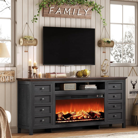 Farmhouse 70" Fireplace TV Stand with 37" Electric Fireplace for TVs up to 80", Media Entertainment Center with 4 Drawers, Rustic TV Console Storage Cabinet for Living Room