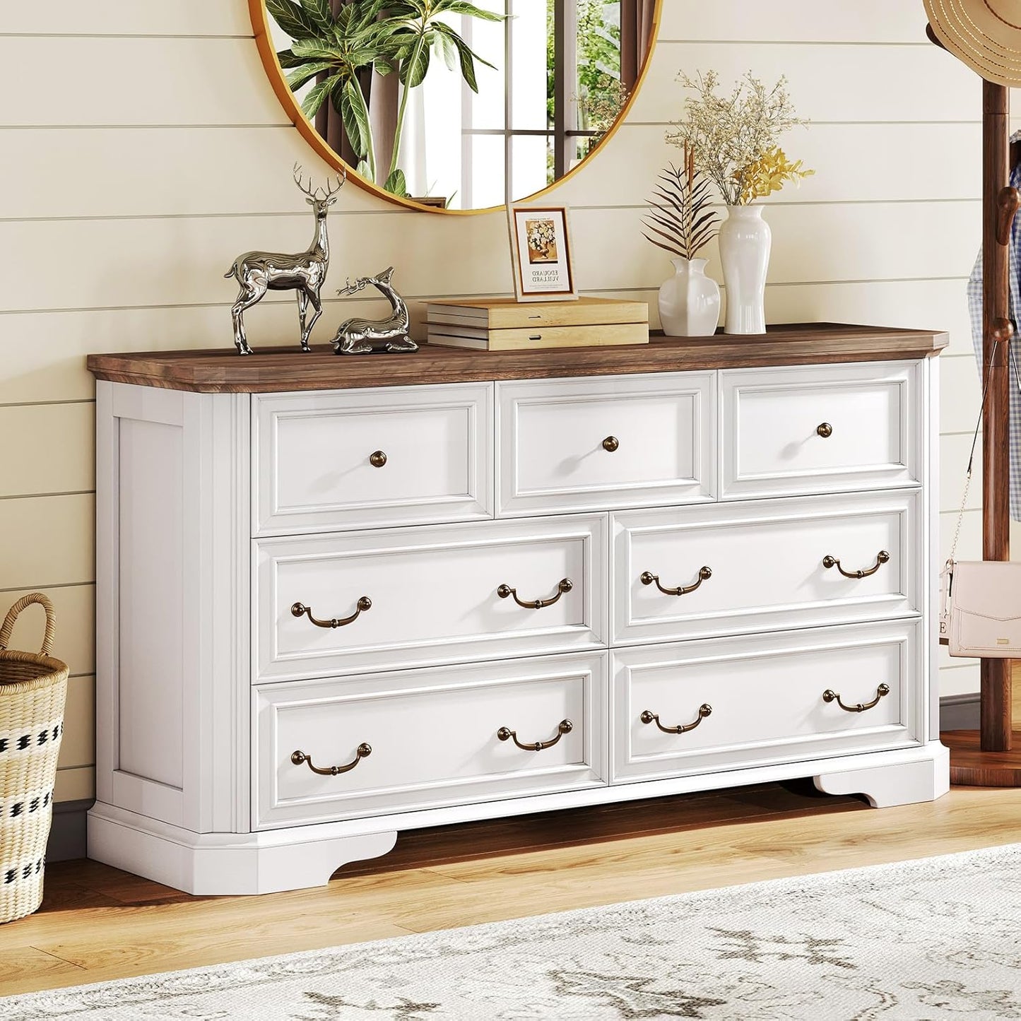 Farmhouse 54" Wide 7 Drawers Dresser for Bedroom, Wood Rustic Chest of Drawers Dresser with Corner Bevel Shape, Closet Storage Dressers for Bedroom, Living Room, Hallway