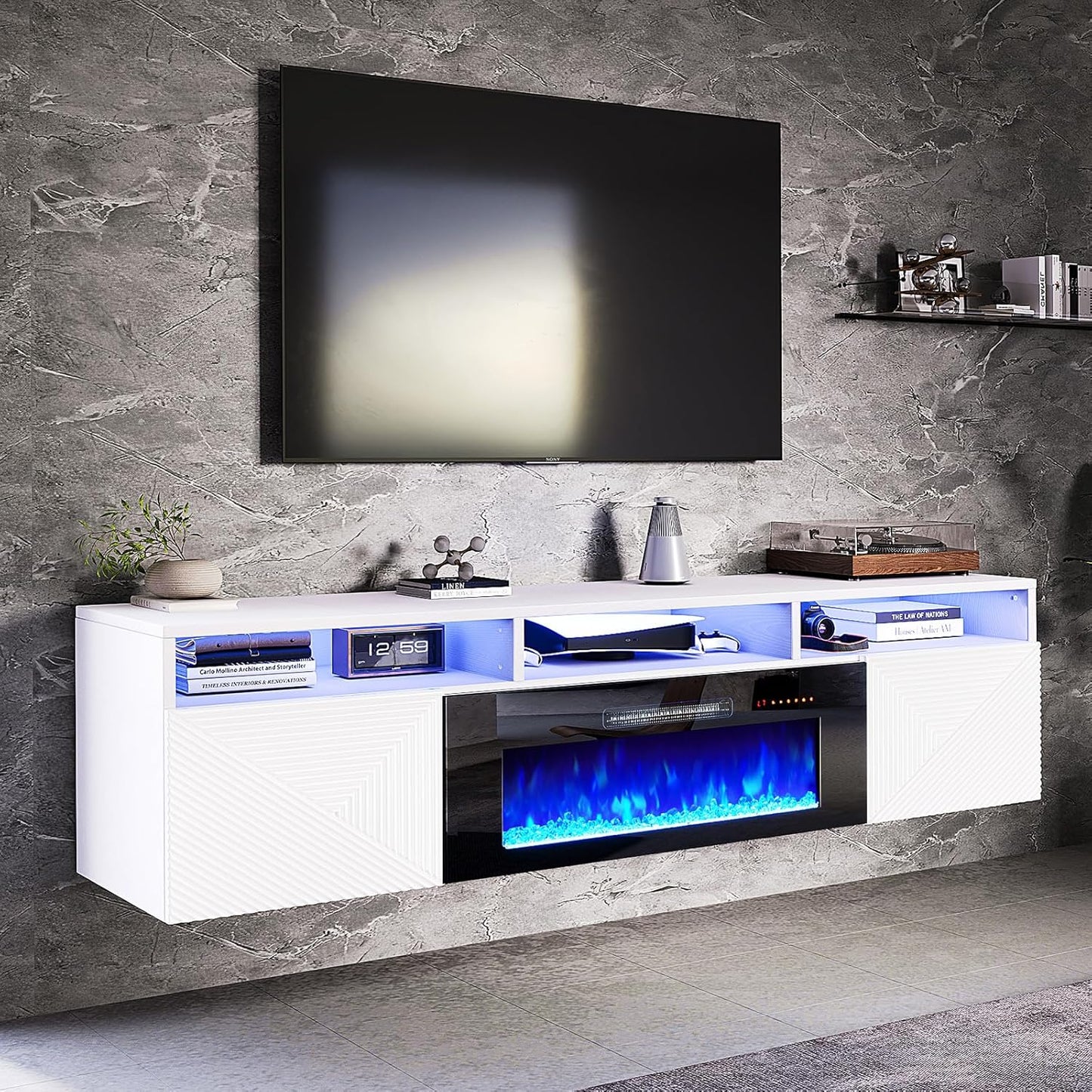 70" Floating TV Stand with Fireplace, Modern Wall Mounted Entertainment Center, White