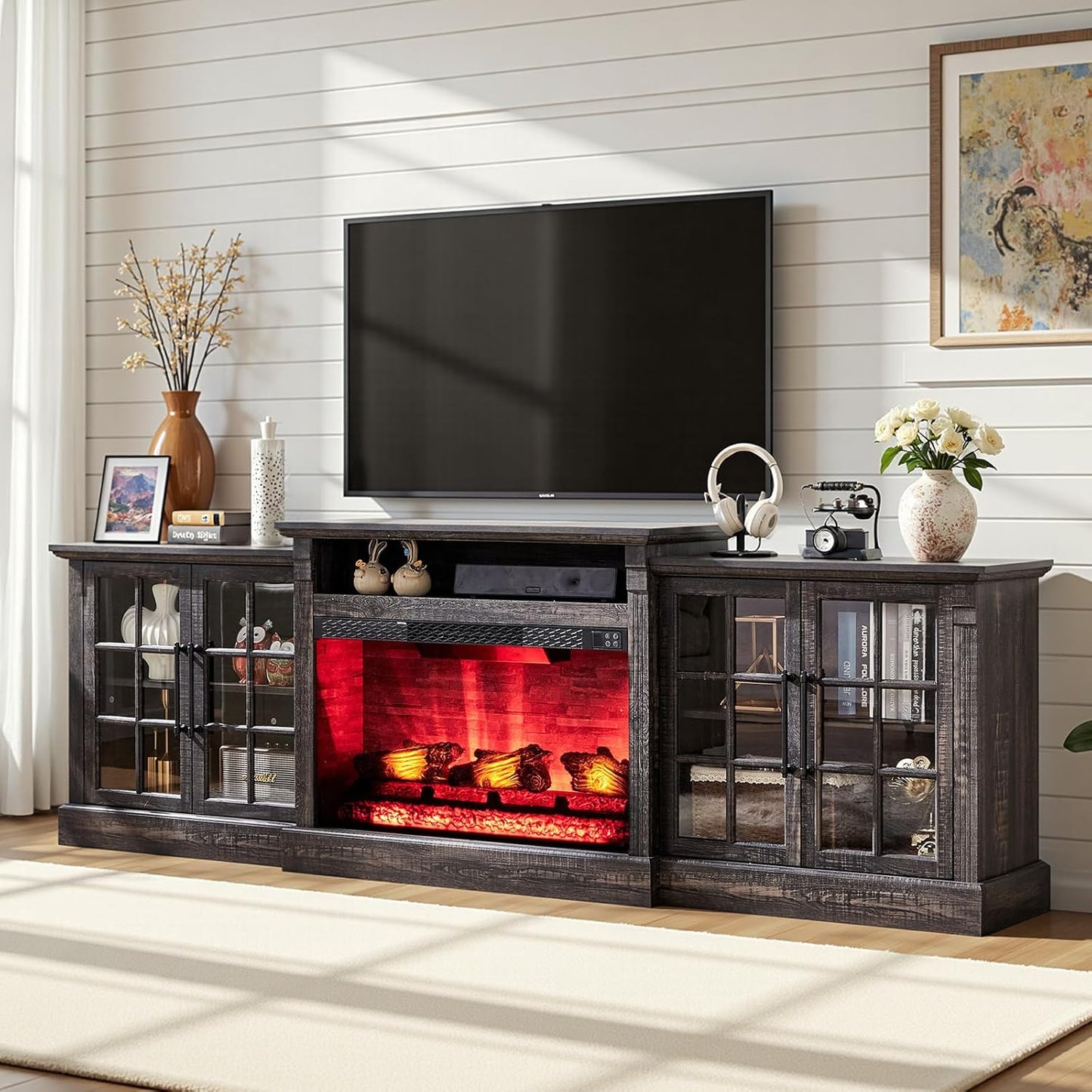 97" Farmhouse Fireplace TV Stand, Entertainment Center with Adjustable Shelf, White