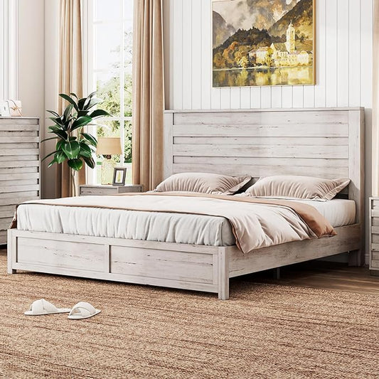 Queen Size Bed Frame with 49" Tall & Full-Panel Headboard, Farmhouse Platform Bed with Wood Slats & Metal Bed Frame, No Box Spring Needed/Noise Free, Distressed White