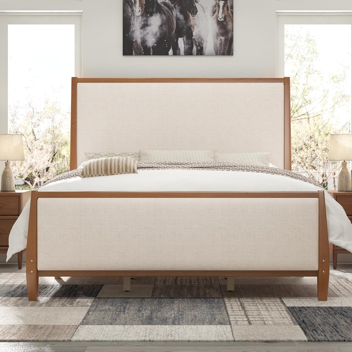 Jocisland 58" Tall Solid Wood Bed Frame with Upholstered Headboard & Footboard, Wooden Platform Bedframe, No Box Spring Needed, Easy Assembly, Modern Farmhouse Style
