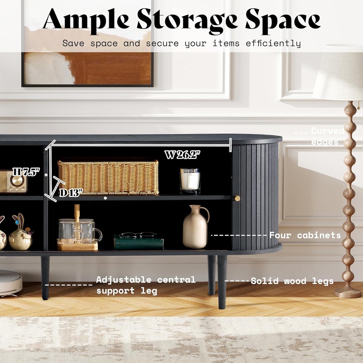 70" Mid Century TV Stand with Tambour Door & Wood Legs, Dust-Proof Storage Cabinet, Brown
