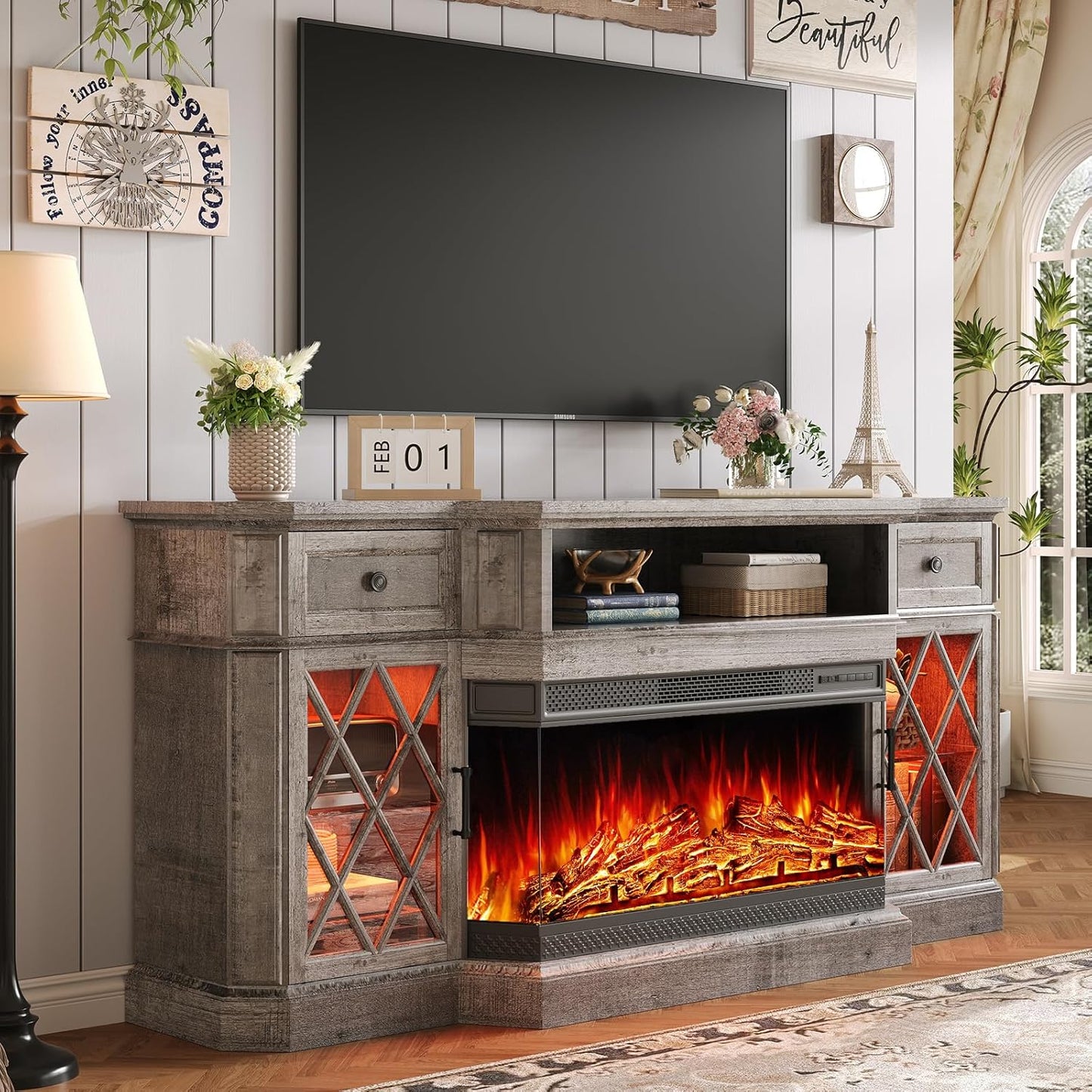 Bevel 3-Sided Glass Farmhouse Fireplace TV Stand with 36" Fireplace, 70" LED Lights Entertainment Center Glass Doors & Drawers, TV Cabinet Console Table for TVs Up to 80", Living Room