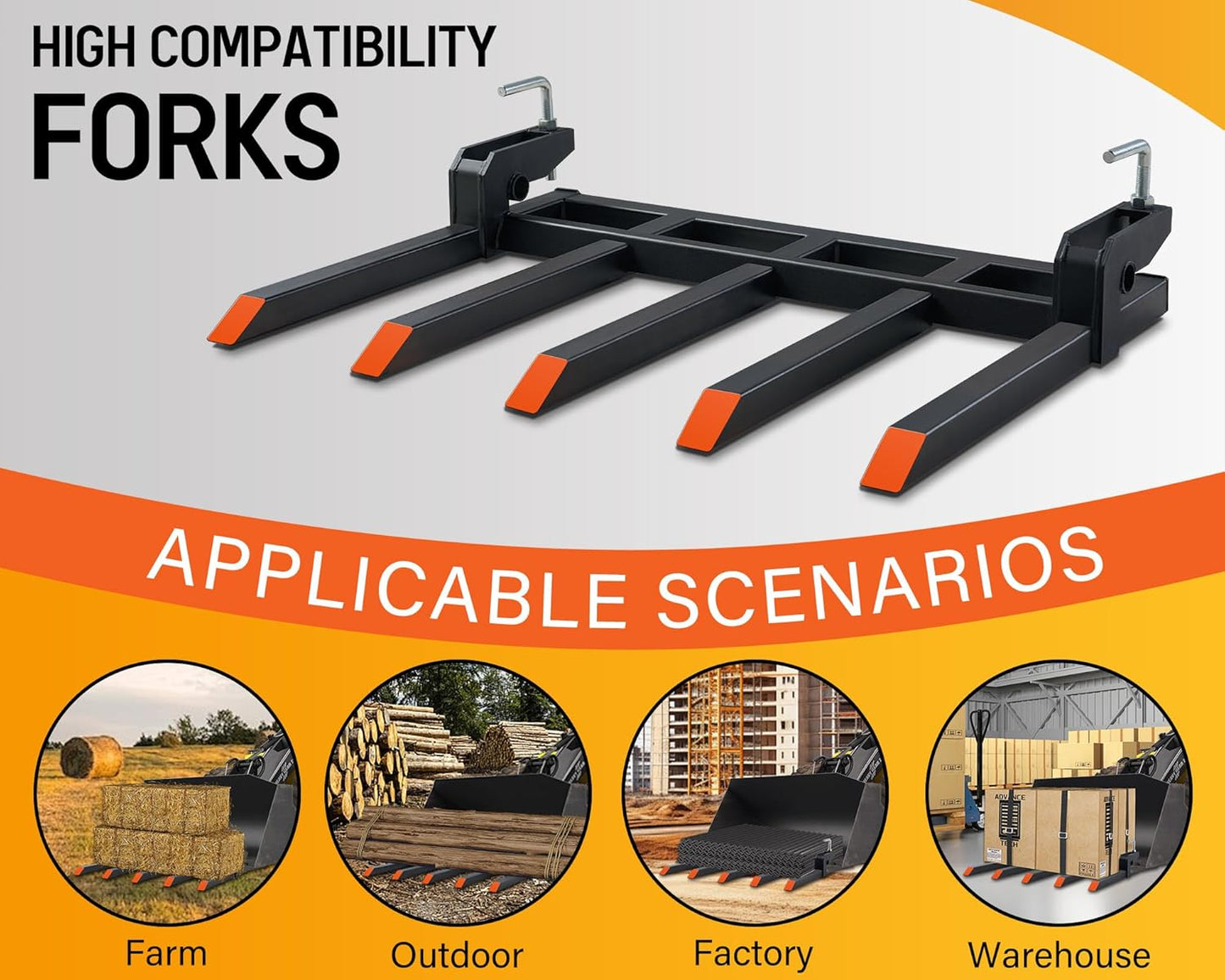 Pallet Forks for Tractor Forks to 48”, 2500 lbs Capacity Heavy-Duty 5-Tine Bucket Forks, double nut construction, to Clean Debris, or Backyard Trash, Black