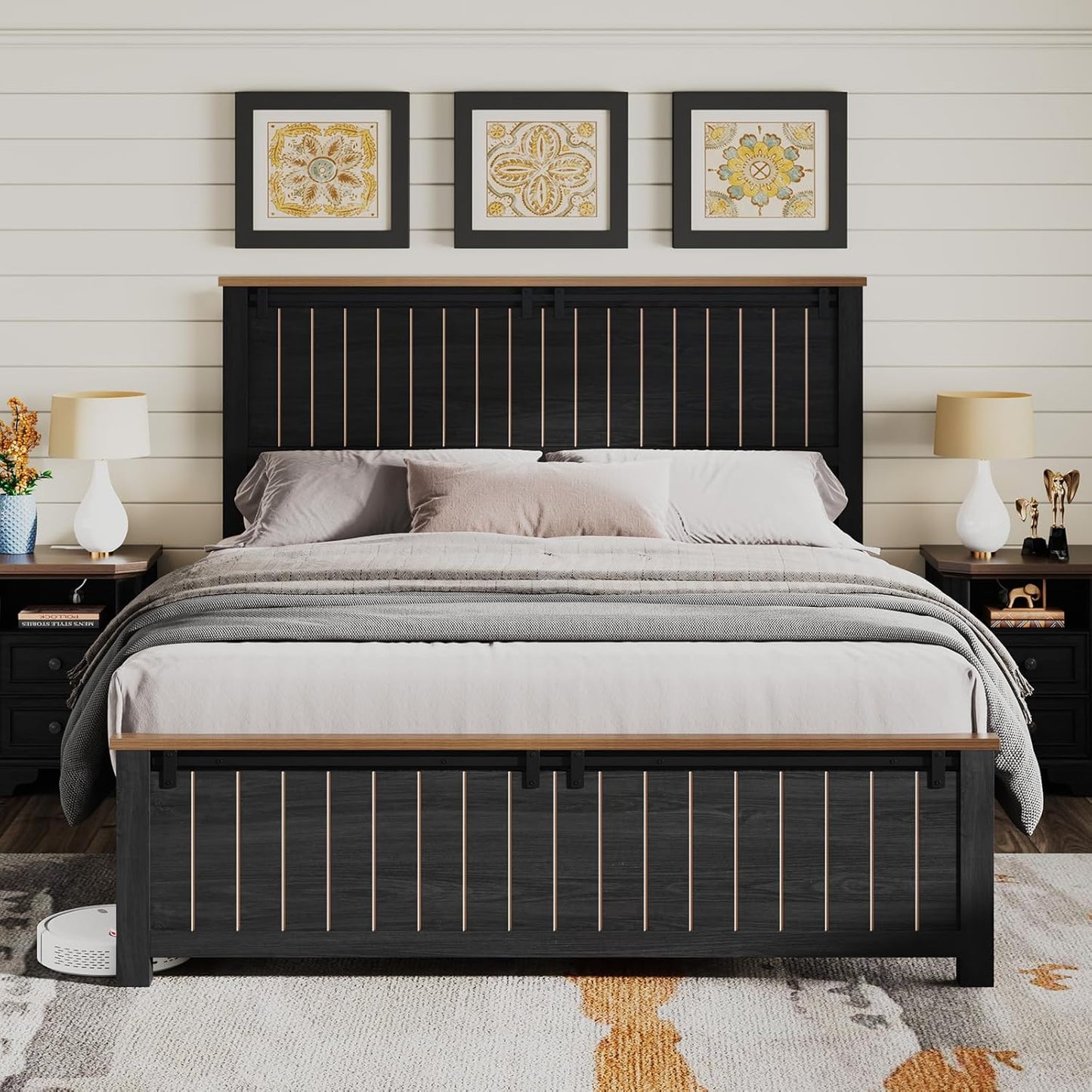 Farmhouse Bed Frame with Sliding Barn Door, Wooden Rustic Platform Bed Frame with 47" Tall Headboard, Noise-Free, Solid Wood Slats & Metal Support, No Box Spring Needed