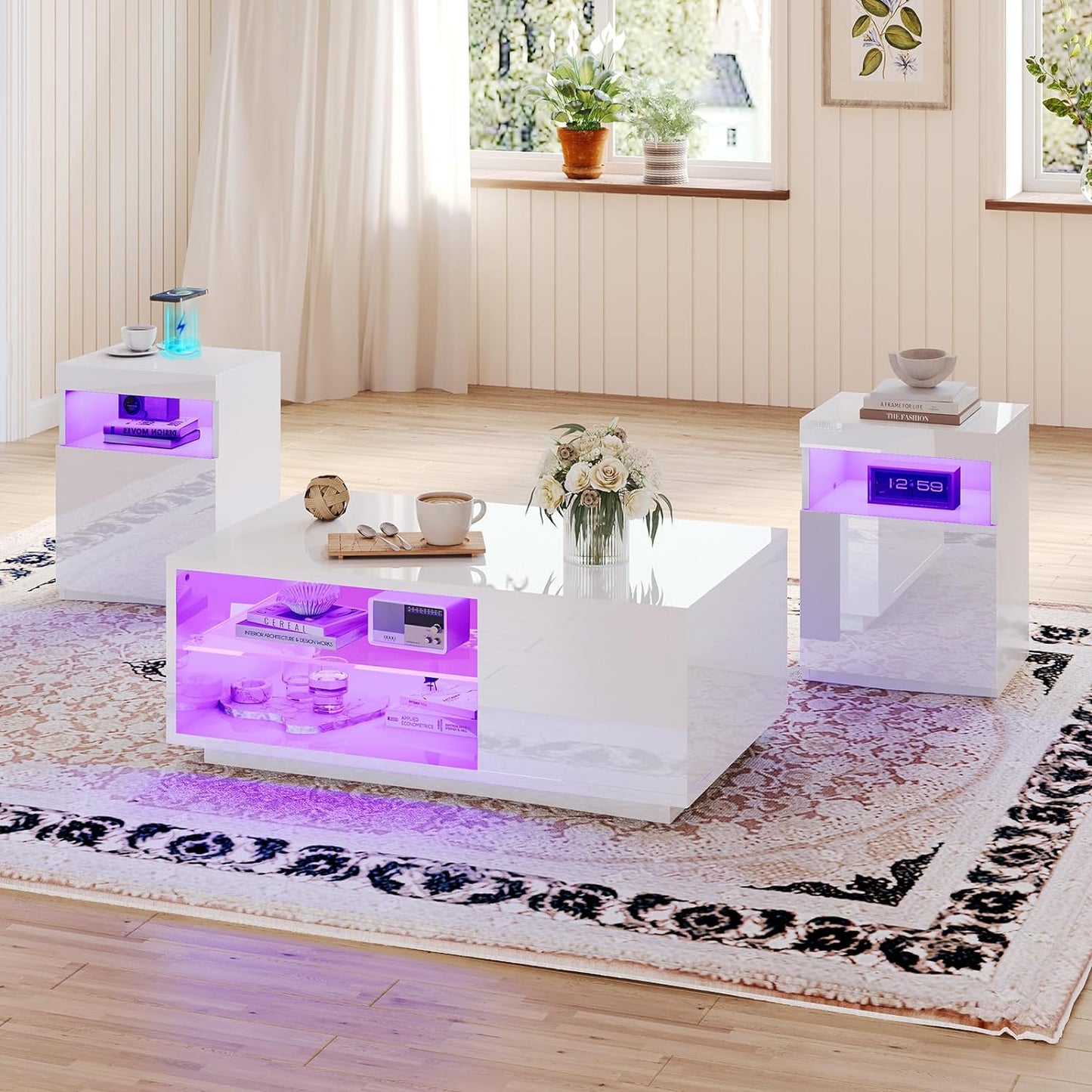 AMERLIFE 3-Piece Modern High Gloss LED Table Set, Coffee Table with 20-Color LED Lights, 2 End Tables with Wireless Charging Station for Living Room & Bedroom