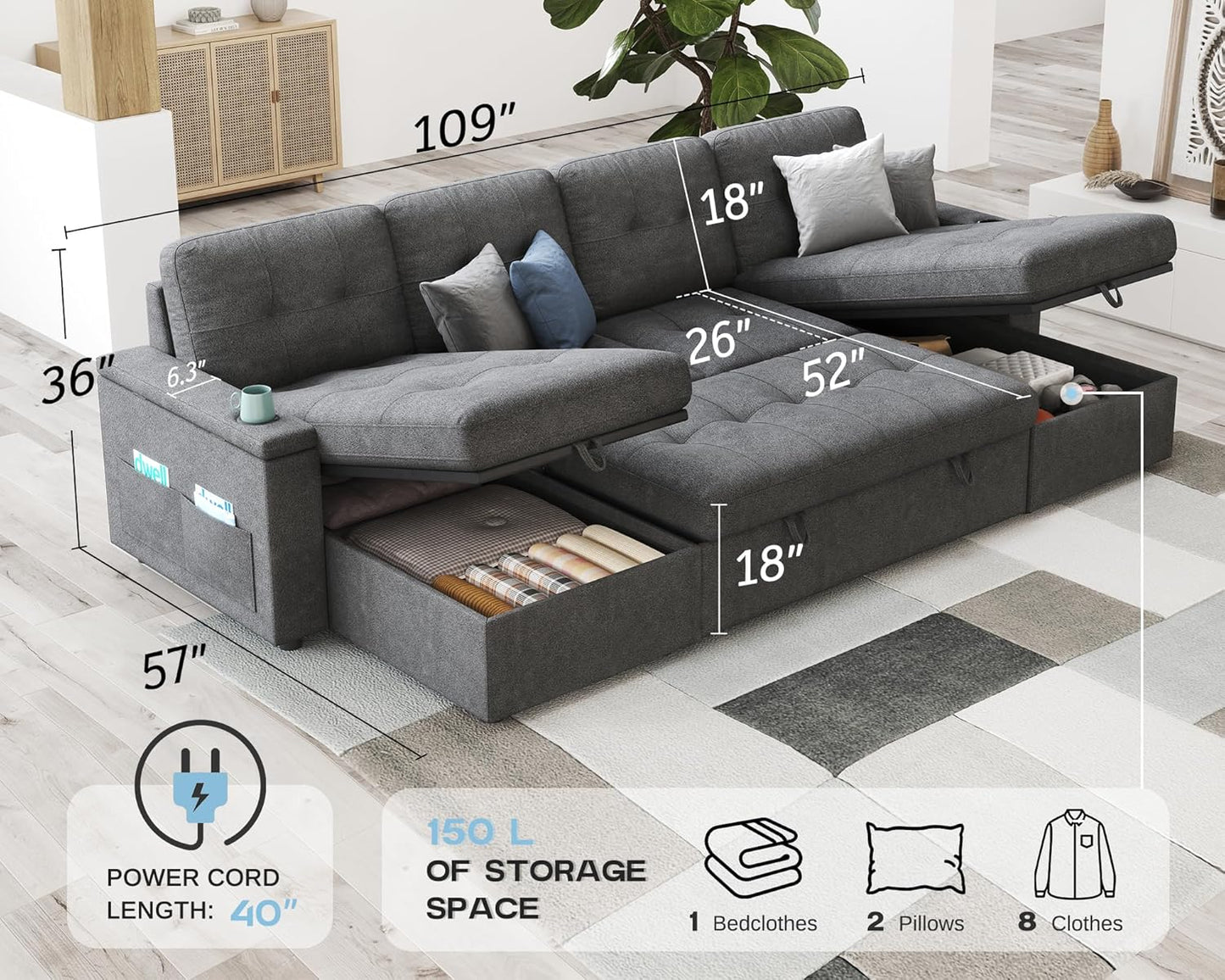 109 Inch Pull Out Couch, Sleeper Sofa with 2 USB Charge Ports & Cup Holders, U Shaped Sectional Sofa with Storage Chaise, Dark Grey