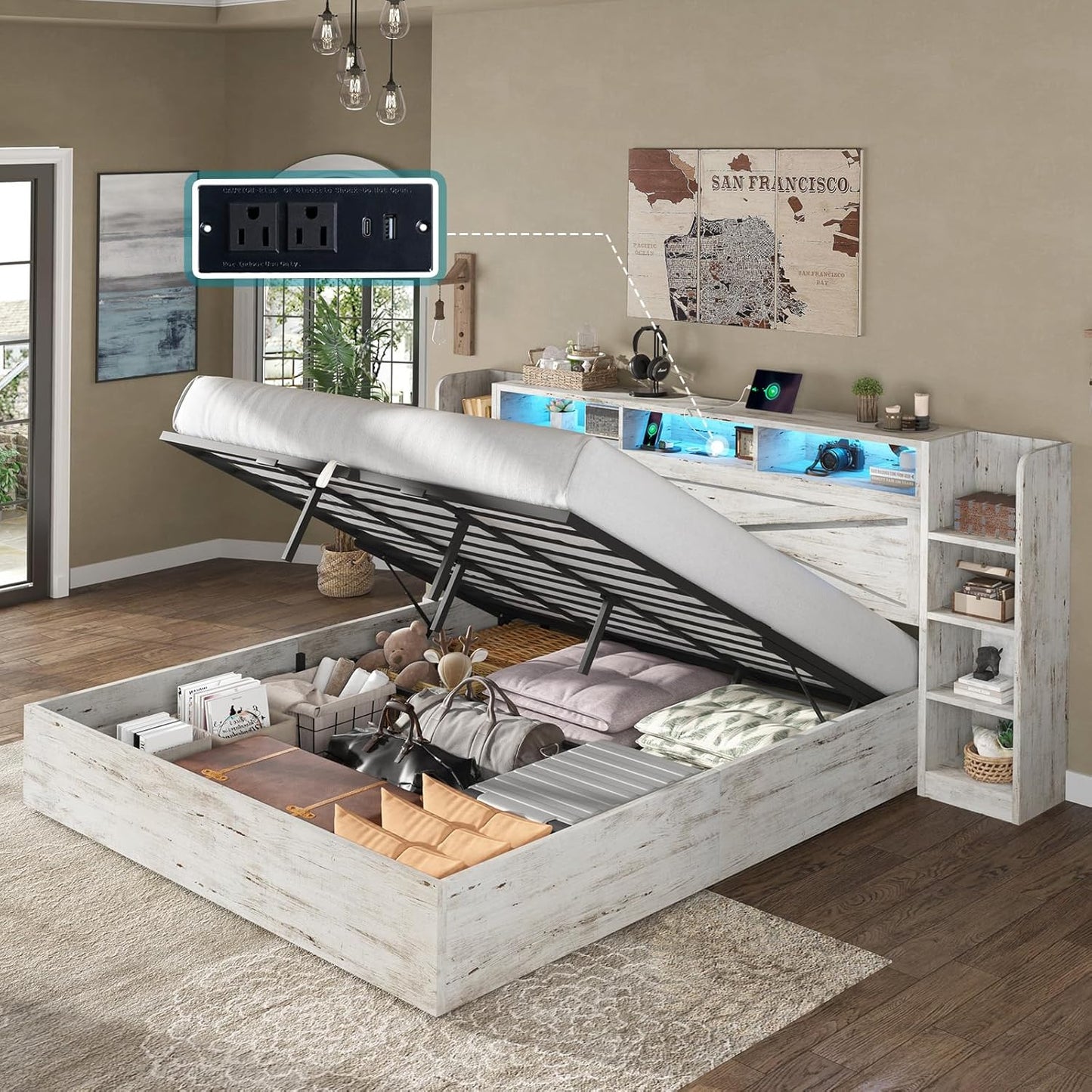 Amerlife Bed Frame with Lift Up Storage & Bookcase Headboard, LED & Charging