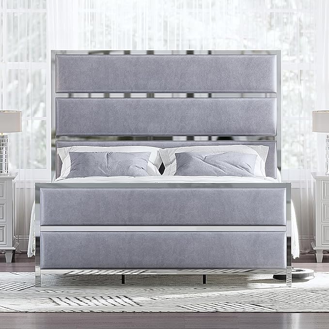 King Size Bed Frame, Velvet Upholstered Bed with Silver Trim Headboard & Footboard, Channel Tufted Platform Bed Frame, No Box Spring Needed/Light Grey