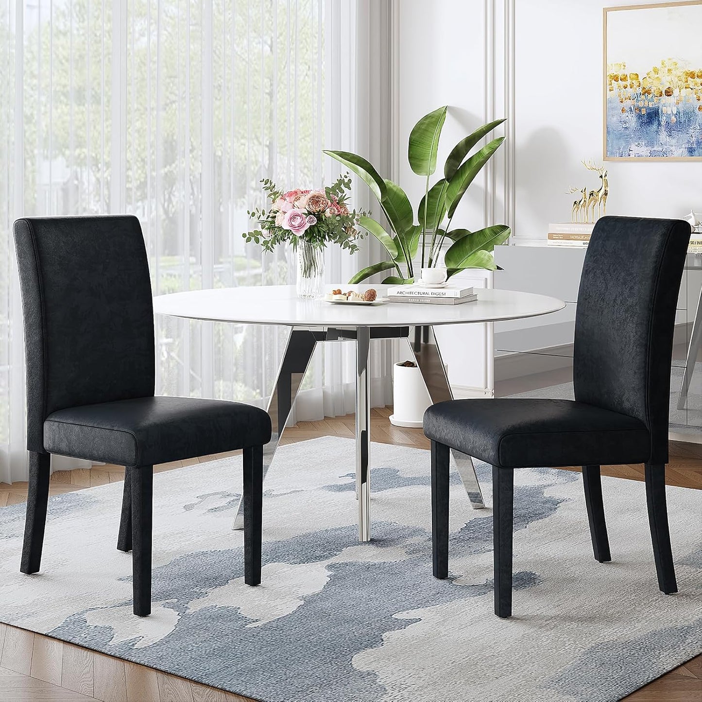 AMERLIFE Velvet Upholstered Dining Chairs Set of 2, Full Tufted Trim Dining Room Kitchen Side Chair with High Curved Back & Wood Legs, Modern Minimalist Parsons Chairs, Living Room, Bedroom, Black