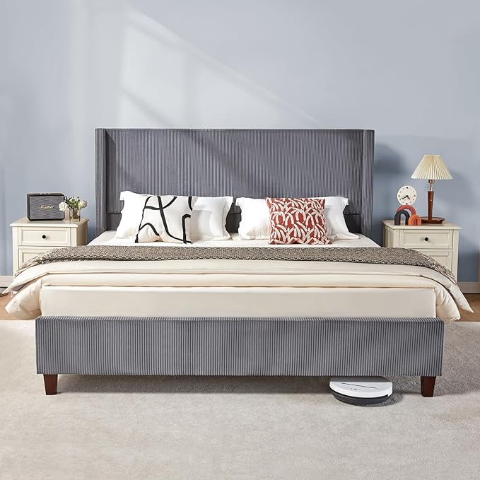 Queen Size Platform Bed Frame, 50.8" Corduroy Upholstered Bed with Vertical Channel Tufted Headboard/Wooden Slats/Wingback/No Box Spring Required/Taupe