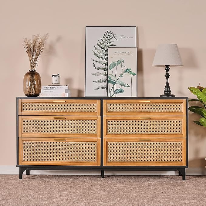 Rattan Dresser with 6 Drawers, Chest of Drawers for Bedroom, Solid Wood Retro Tall Storage Drawers for Living Room, Entryway, Hallway, Black