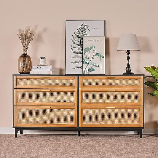 Rattan Dresser with 6 Drawers, Chest of Drawers for Bedroom, Solid Wood Retro Tall Storage Drawers for Living Room, Entryway, Hallway, Black