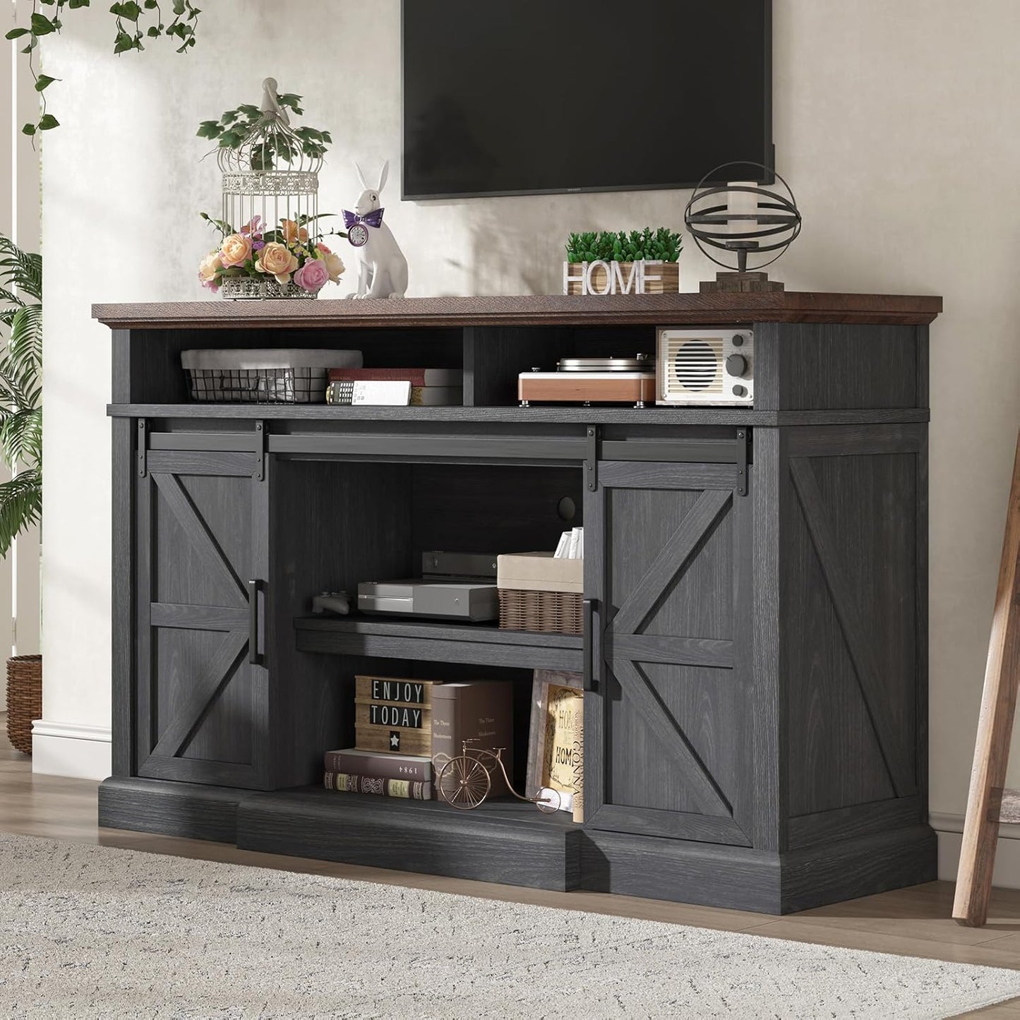 Merluxy Farmhouse TV Stand,Entertainment Center with Sliding Barn Door,Rustic Media Console,White