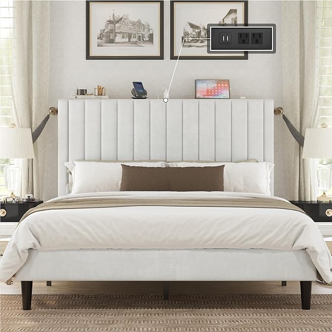 Full Size Bed Frame, Velvet Upholstered Platform Bed with Channel Tufted Headboard, Mattress Foundation with Wood Slats, No Box Spring Needed, Noise Free, White