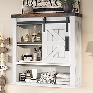 24" Wall Cabinet, Farmhouse Storage Cabinet with Sliding Barn Door & Adjustable Shelf, Cabinet Wall Mounted for Bathroom, Kitchen, Living Room