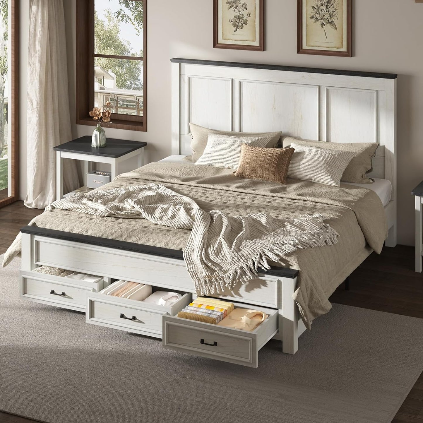Merluxy Farmhouse Bed Frame with 52.2" Wood Headboard & Storage Drawers