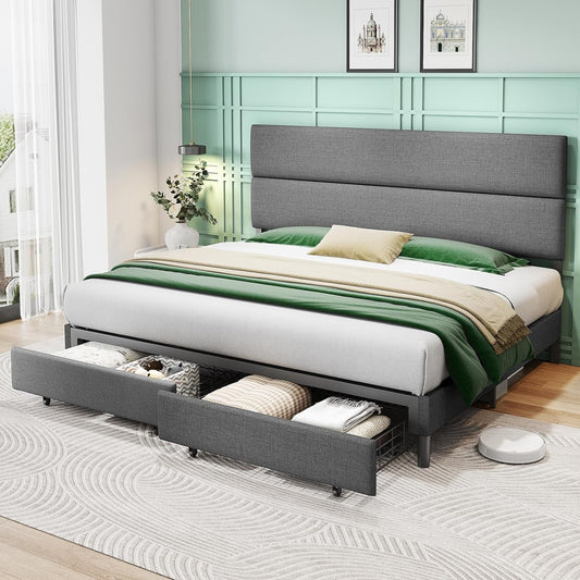 47.6" Upholstered Bed Frame with 2 Drawers, Linen Platform Bed with Height Adjustable Headboard/No Box Spring Needed