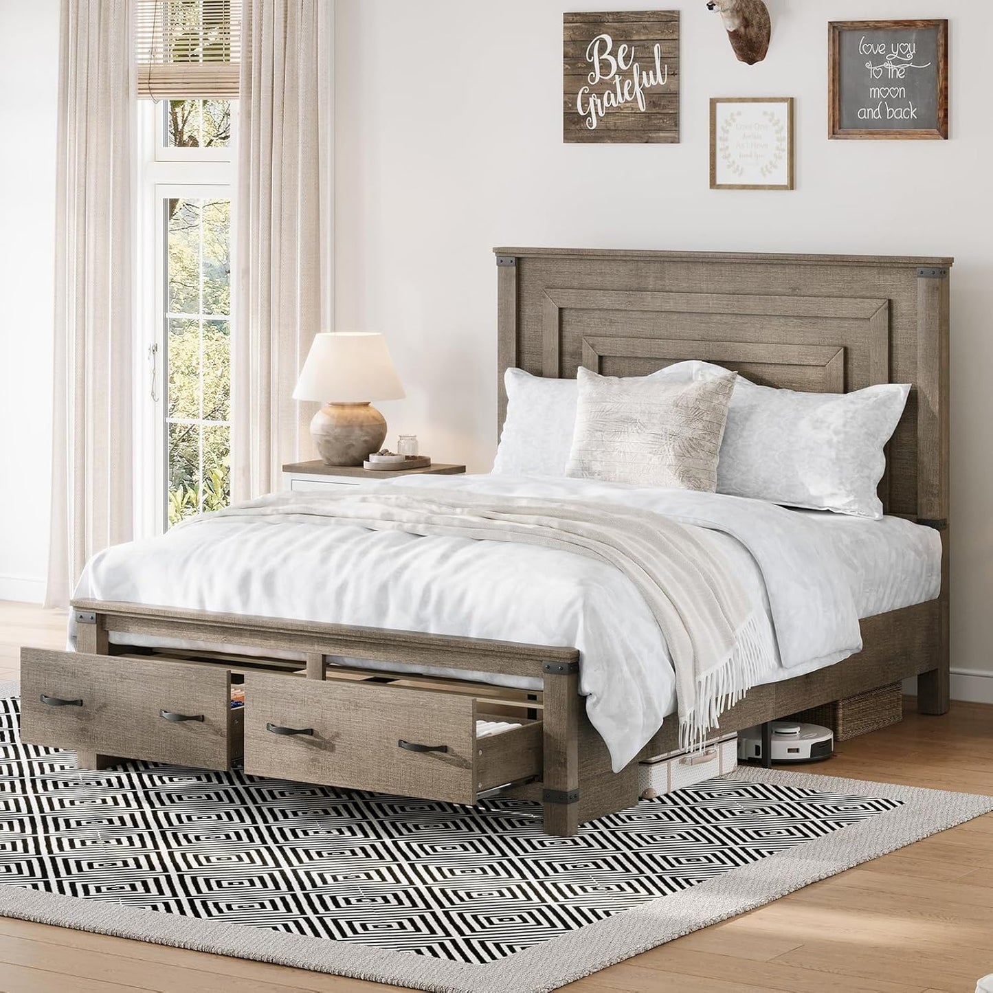 Amerlife Farmhouse Bed Frame with 54" Tall Geometric Headboard & Storage Drawers