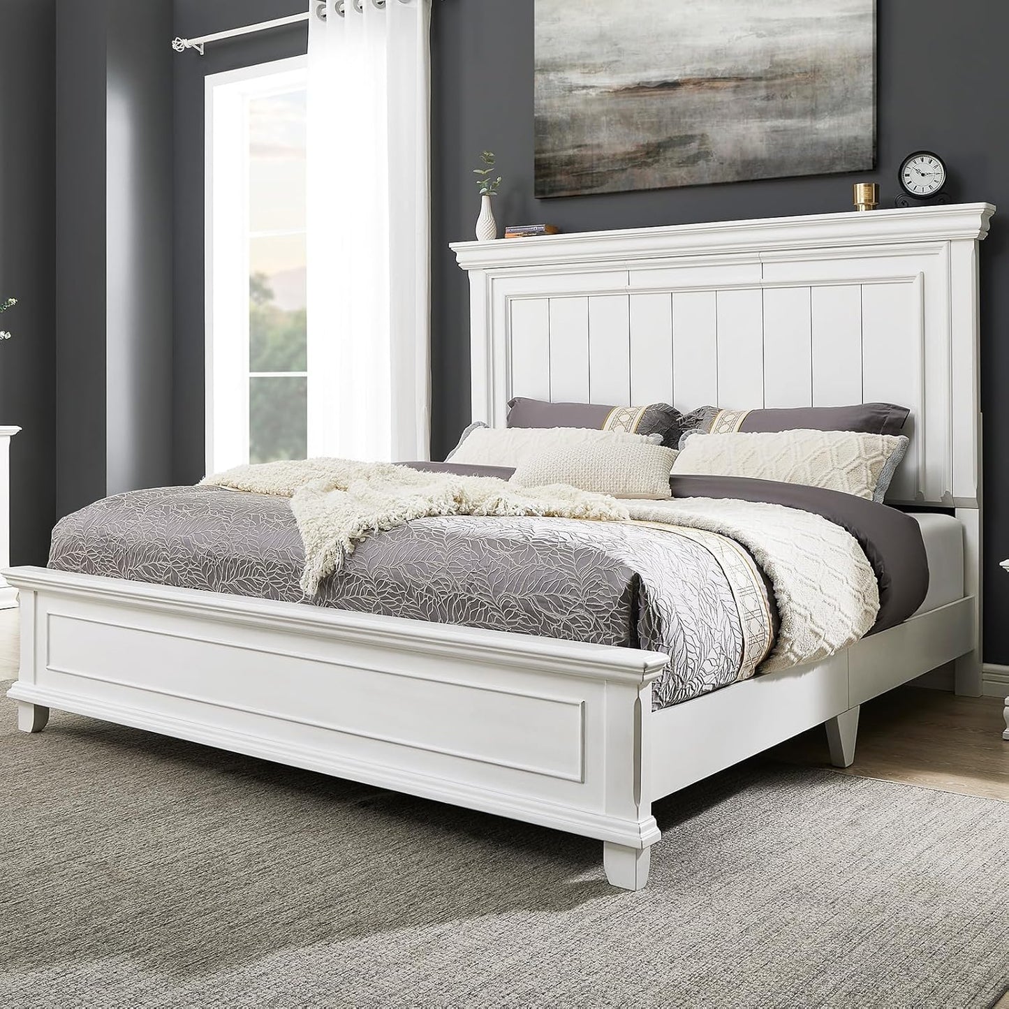 Farmhouse Wood Queen Size Bed Frame with Headboard and Footboard, Distressed White