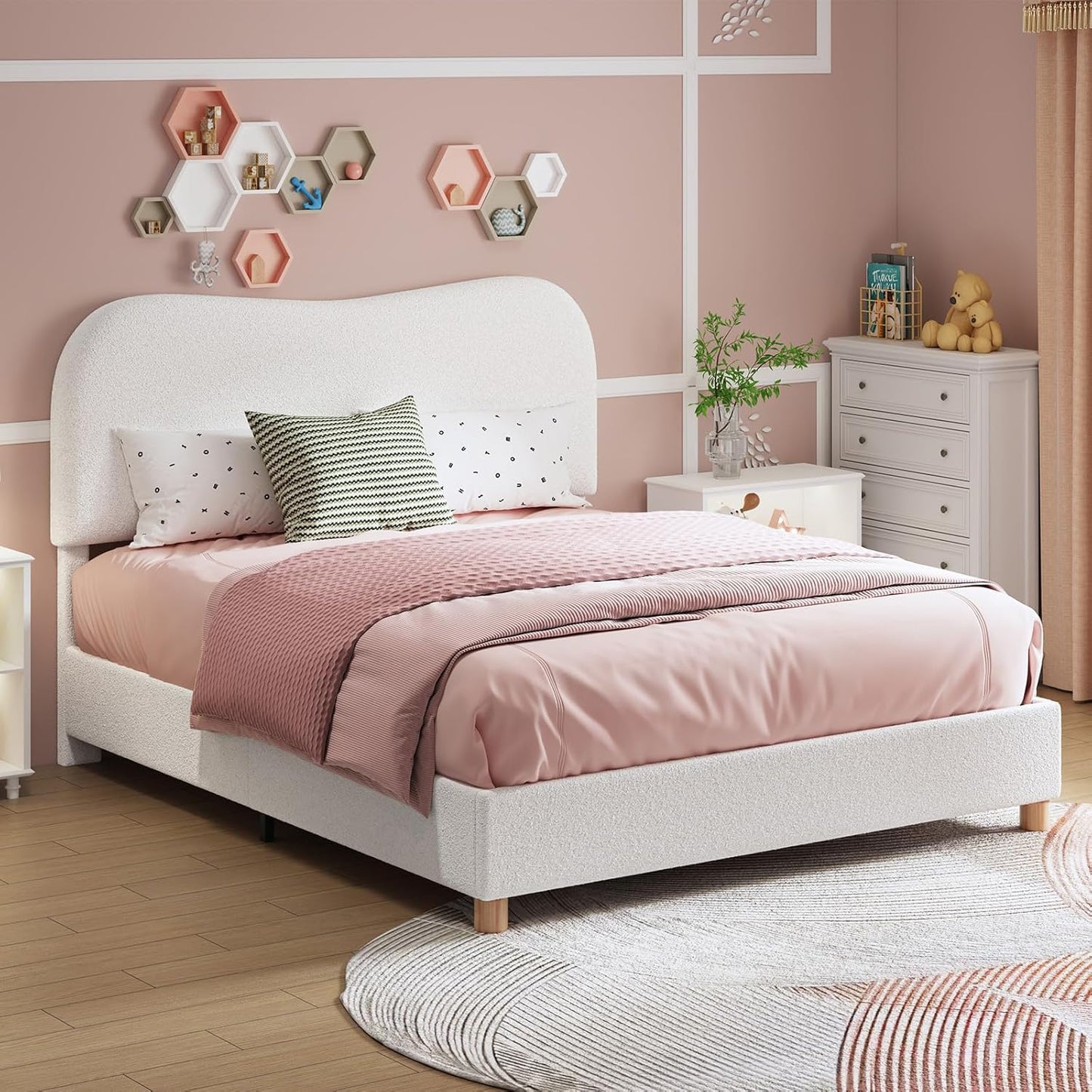 Boucle Bed Frames, Upholstered Platform Bed with Curved Shaped Headboard, Soft Rounded Corners, Noise Free, Easy Assembly