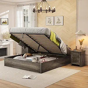 VANACC Lift Up Storage Bed, Full Bed Frame with Storage Underneath, Wooden Platform Bed Frame, Solid Wood Slats Support, No Fixed Headboard, No Box Spring Needed