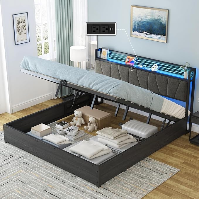 Queen Size Lift Up Bed Frame with Linen Upholstered & LED Light & Storage Headboard, Platform Bed Frame with Charging Station, No Box Spring Needed, Noisy Free, Rustic Grey