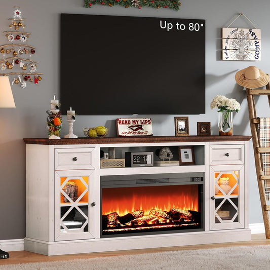 Farmhouse 70" TV Stand with Fireplace,Large LED Media Entertainment Center for 80" TVs,White