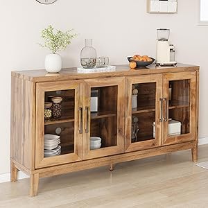 63'' Buffet Cabinet, High Gloss Wooden Sideboard with 4 Glass Door, Sideboard Buffets Cabinet with Storage for Dining Room, Living Room, Kitchen, Oak