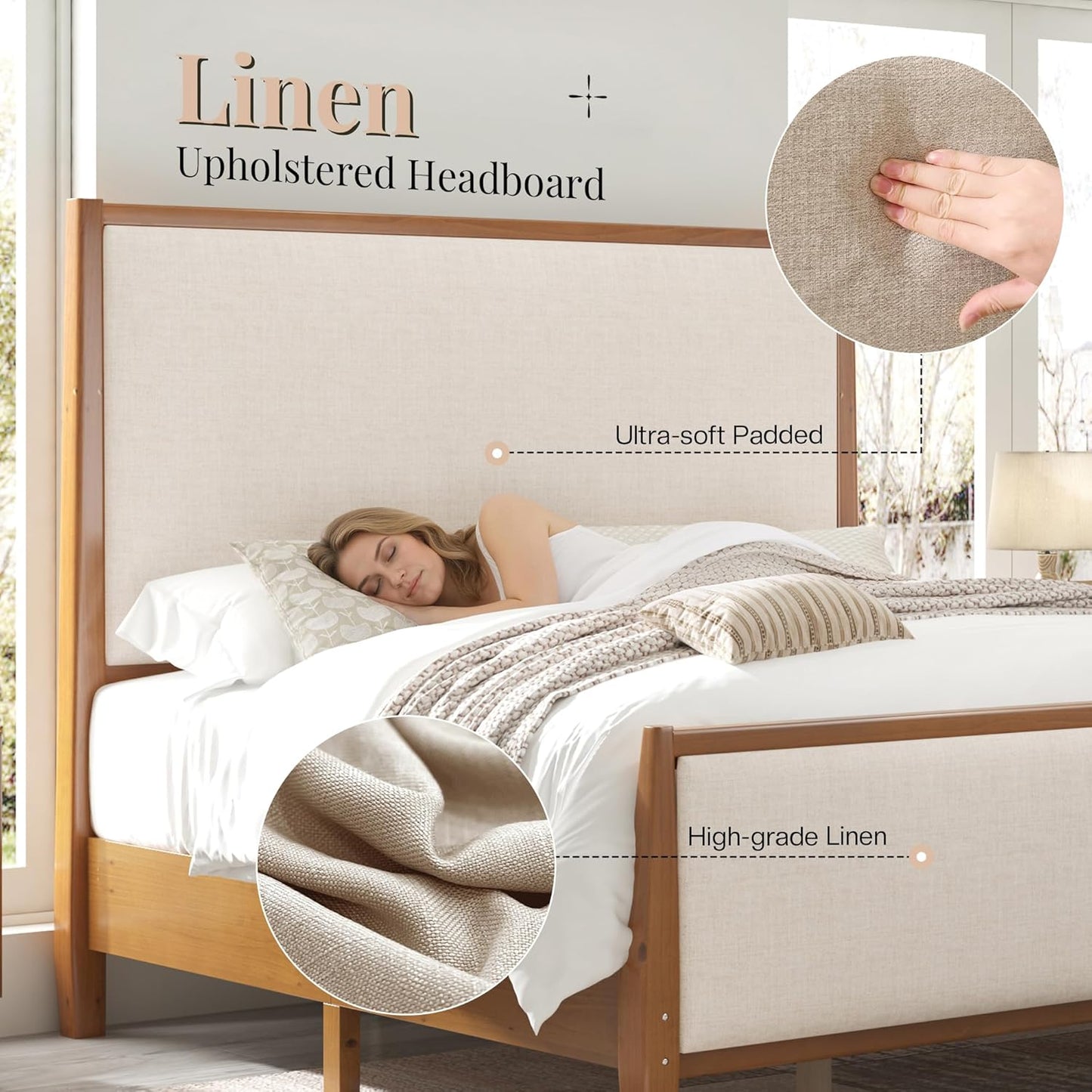 Jocisland 58" Tall Solid Wood Bed Frame with Upholstered Headboard & Footboard, Wooden Platform Bedframe, No Box Spring Needed, Easy Assembly, Modern Farmhouse Style
