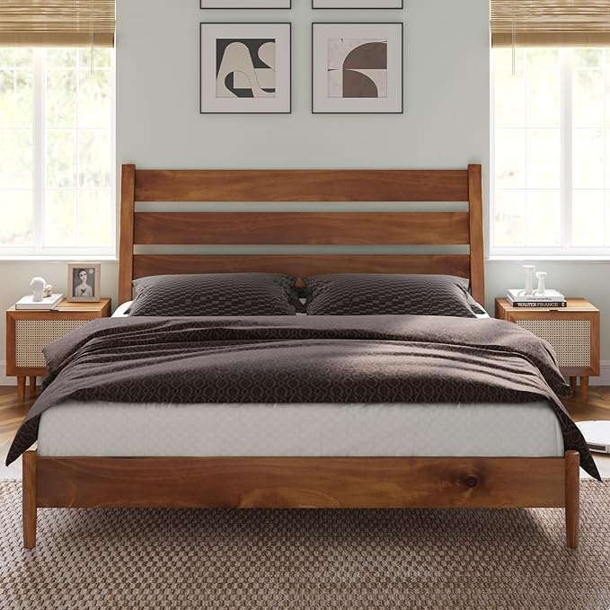 King Size Solid Wood Bed Frame, Mid Century Platform Bed with Reclining Slatted Headboard, Wood Slat Support,No Box Spring Needed, Noise Free, Light Brown