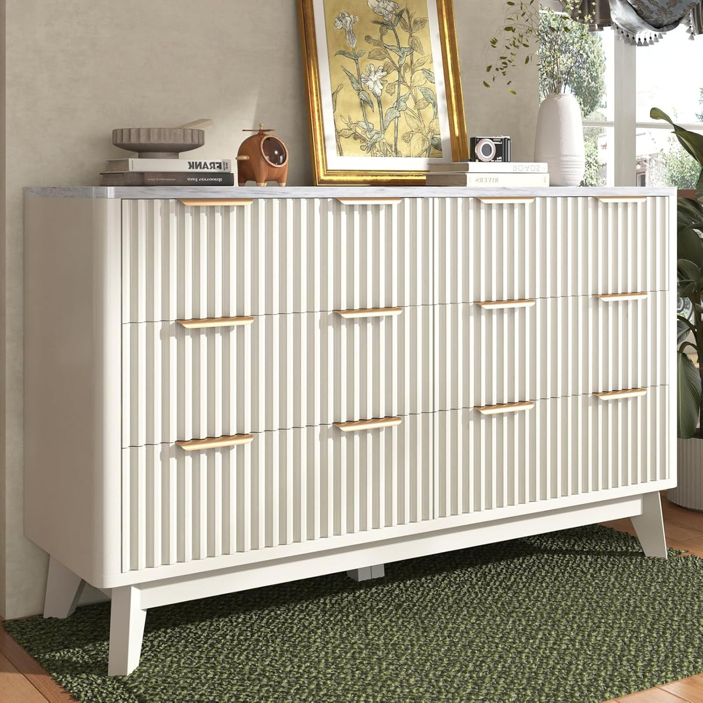 6 Drawer Dresser, 54" Wide Chest of Drawers, Fluted Drawer Design, Wooden Storage Chest, Farmhouse Style Solid Sturdy, Suitable for Bedroom, Hallway