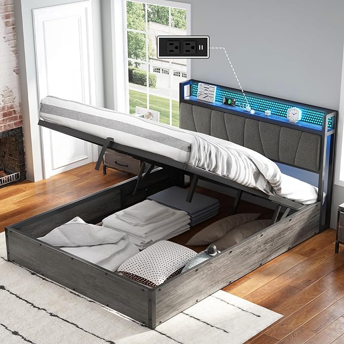 Queen Size Lift Up Bed Frame with Linen Upholstered & LED Light & Storage Headboard, Platform Bed Frame with Charging Station, No Box Spring Needed, Noisy Free, Rustic Grey