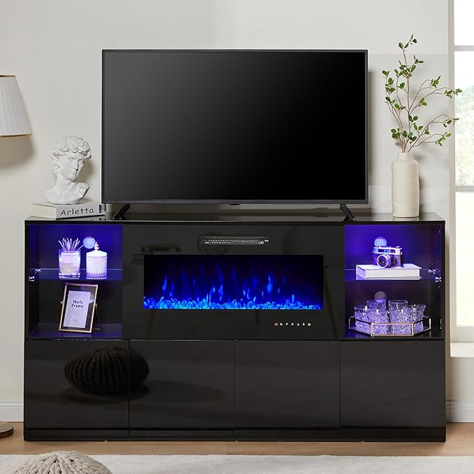 Modern High Gloss 68" Fireplace TV Stand, Media Entertainment Center with Fireplace & LED Lights for TVs up to 78", TV Console Cabinet with Adjustable Glass Shelves for Living Room, Black