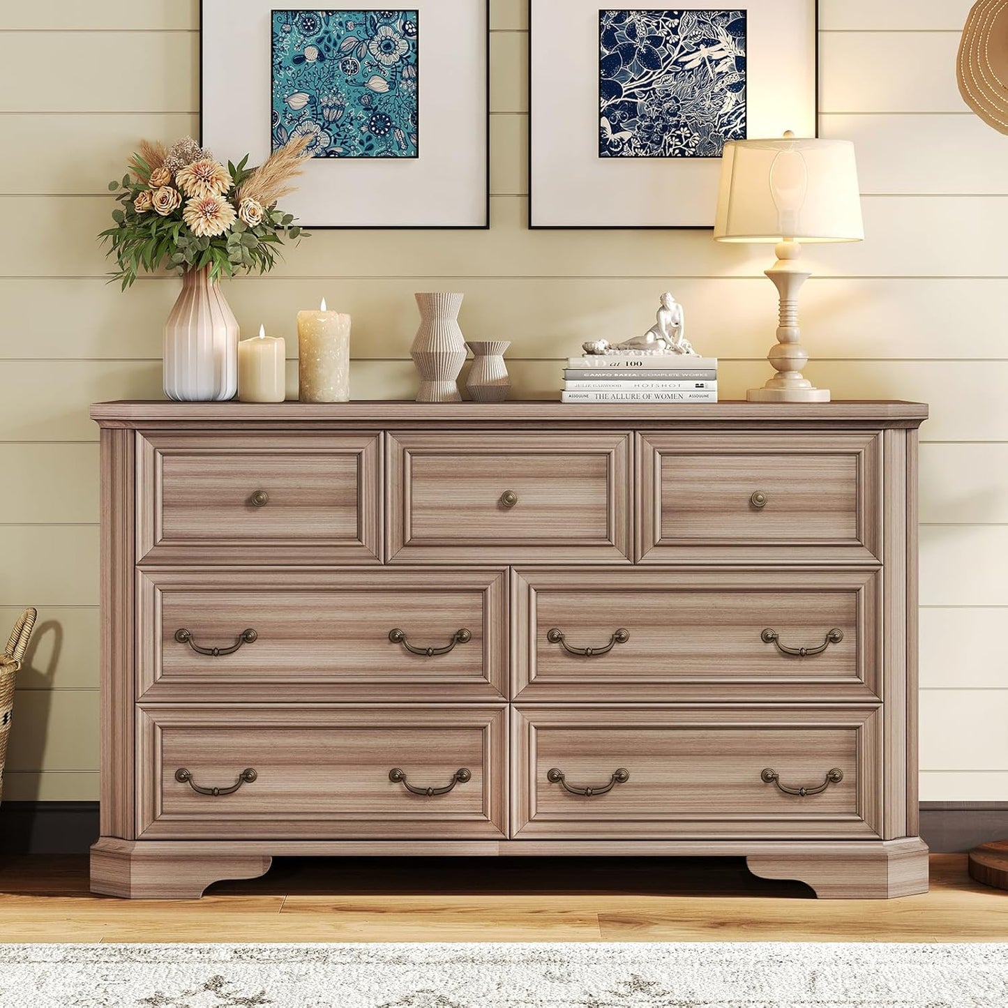 Farmhouse 54" Wide 7 Drawers Dresser for Bedroom, Wood Rustic Chest of Drawers Dresser with Corner Bevel Shape, Closet Storage Dressers for Bedroom, Living Room, Hallway