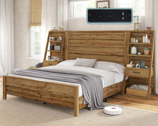 Merluxy Bed Frame Farmhouse with 98" W Headboard,Bookshelves & Charging Station