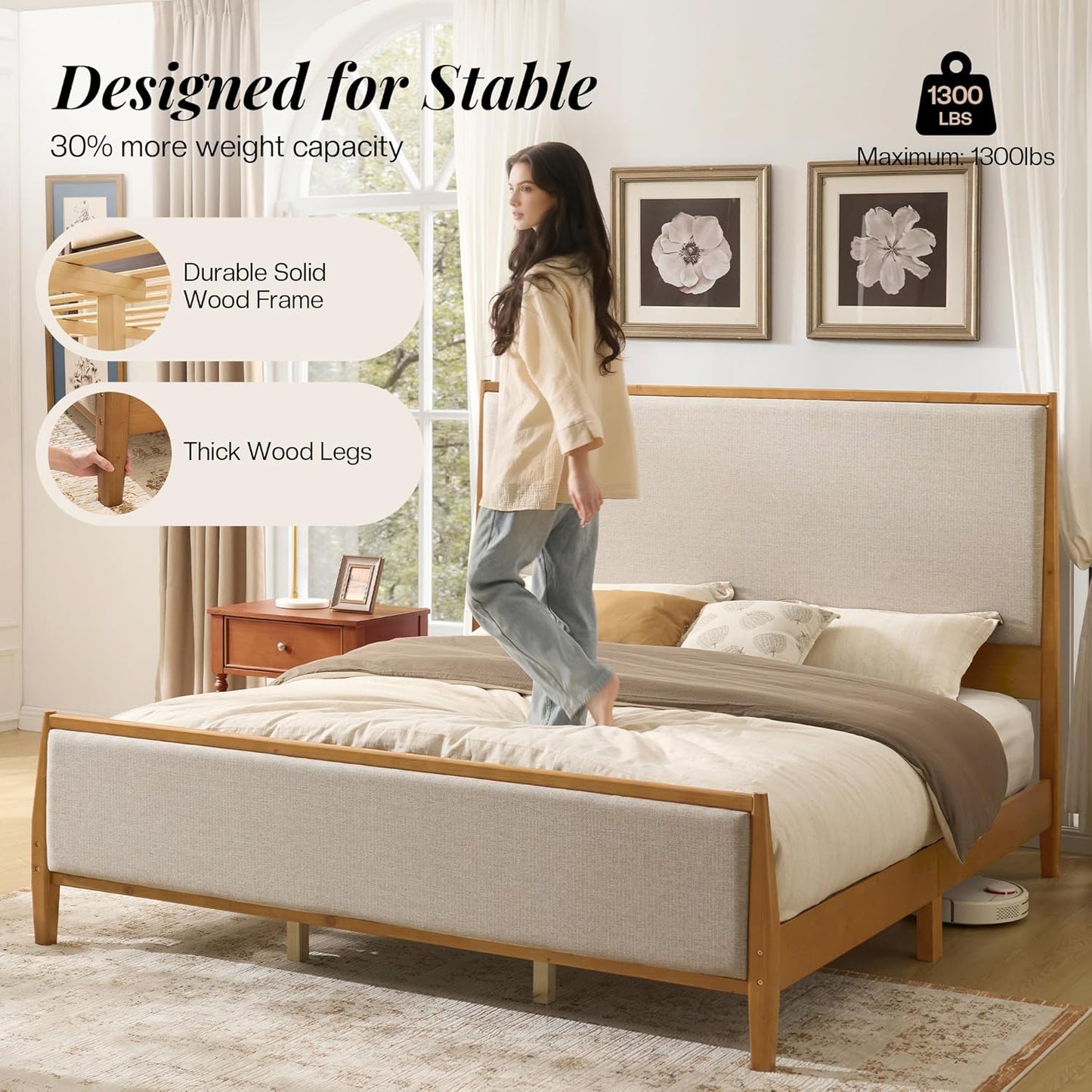Jocisland 58" Tall Solid Wood Bed Frame with Upholstered Headboard & Footboard, Wooden Platform Bedframe, No Box Spring Needed, Easy Assembly, Modern Farmhouse Style