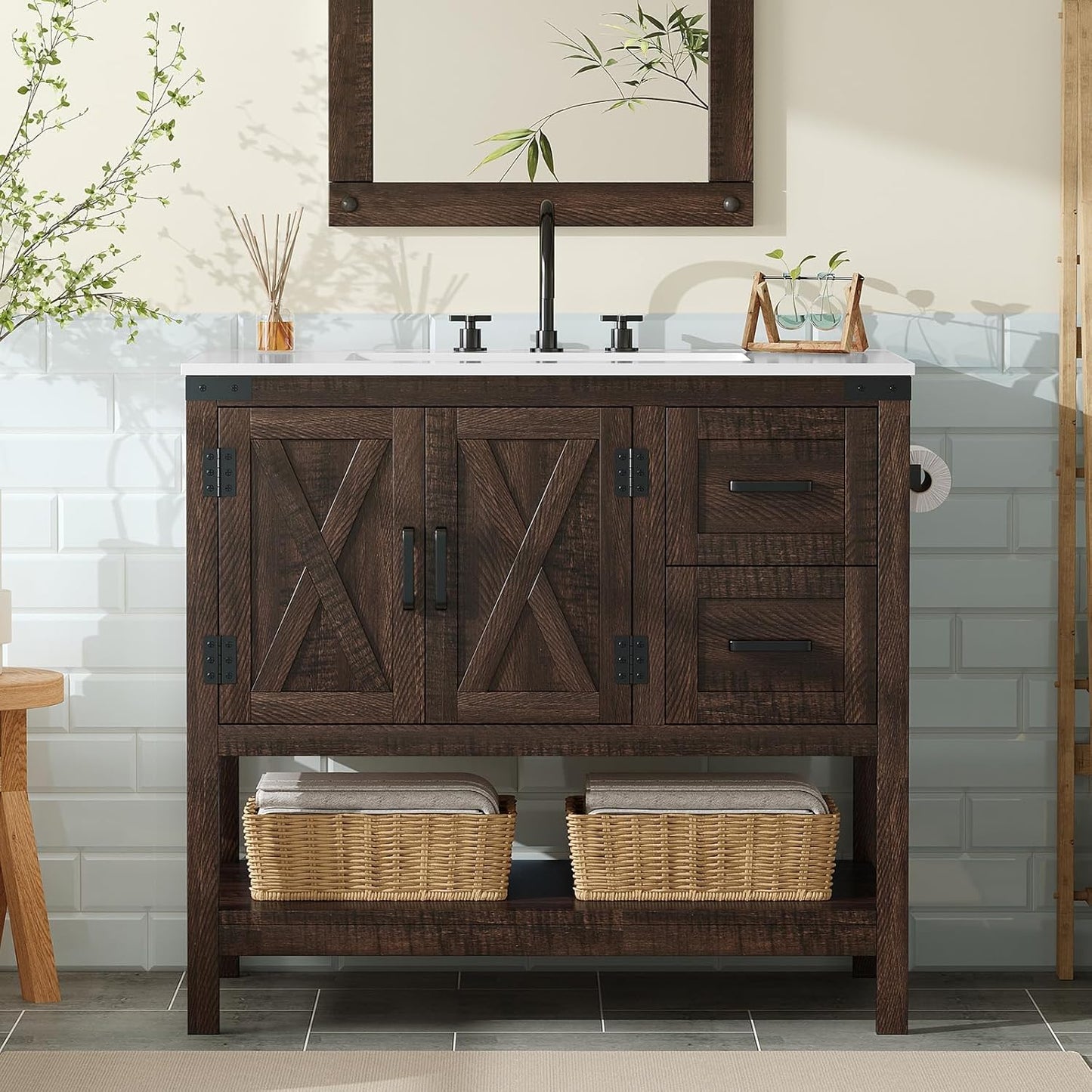 Farmhouse Bathroom Vanity with Sink,Wood Barn Door Freestanding Bath Storage Cabinet,White